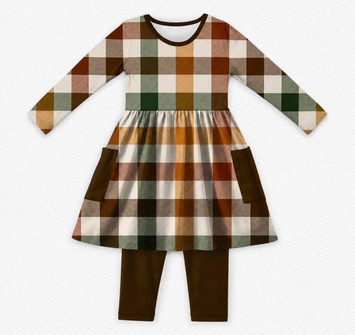 Spiced Pecan Gingham Long Sleeve Twirl w/ Leggings- Give Thanks Pre-Order