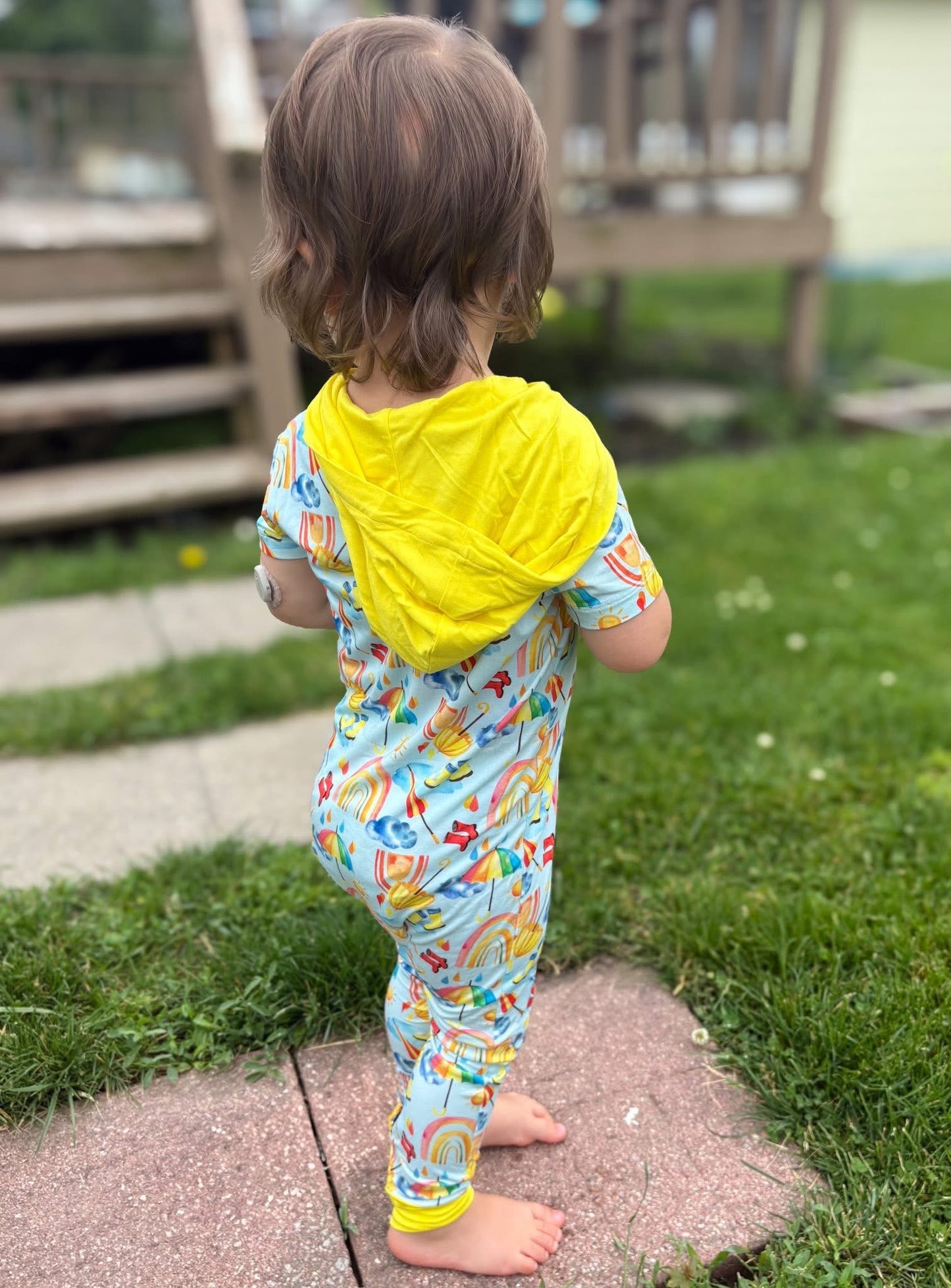 Rainbows and Rain Boots Hooded Romper- RTS