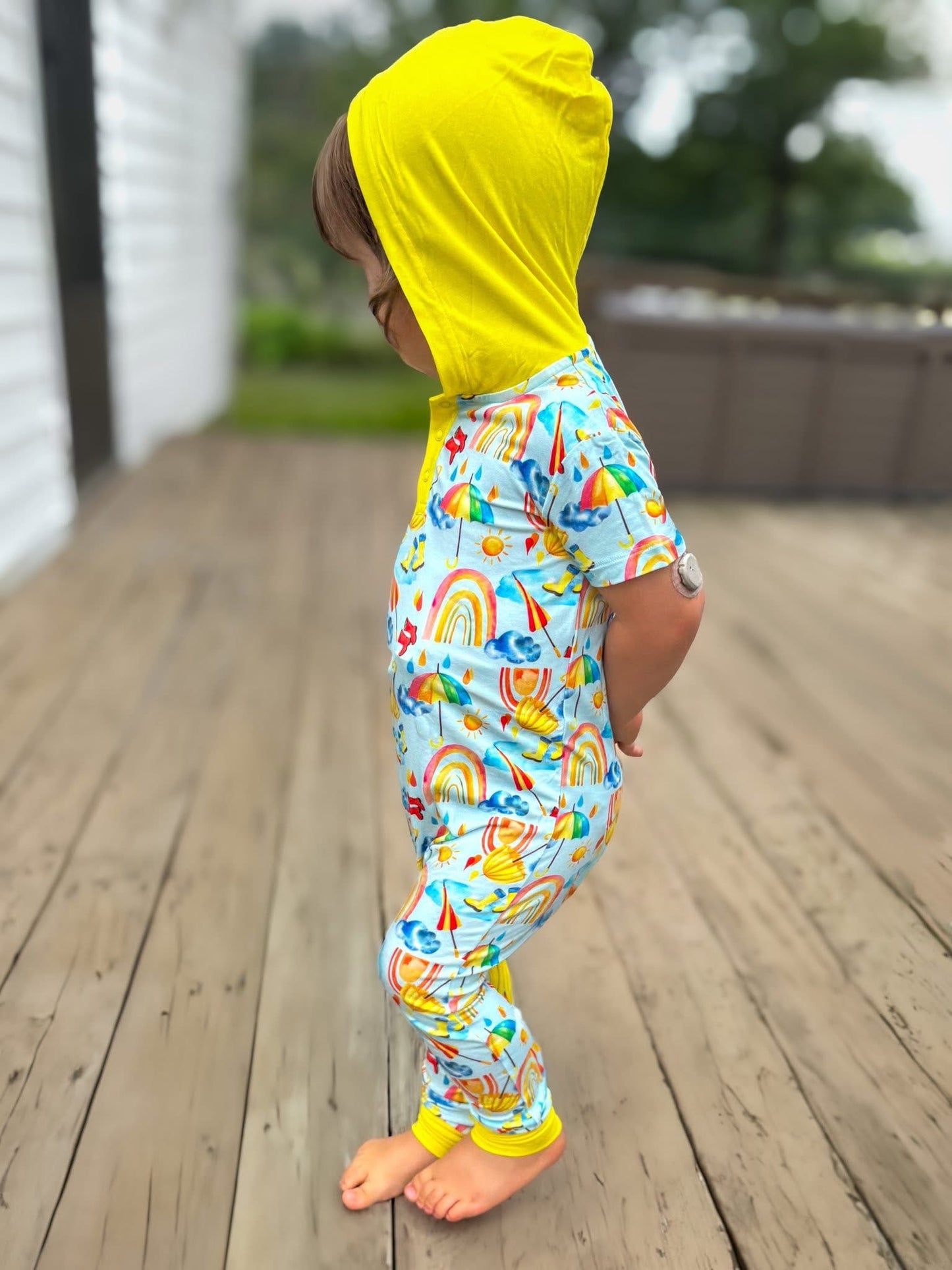 Rainbows and Rain Boots Hooded Romper- RTS