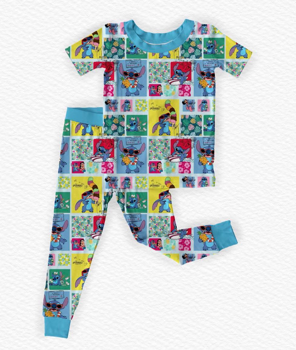 Cute and Fluffy Short Sleeve/Pant Pj Set- Patchwork RTS