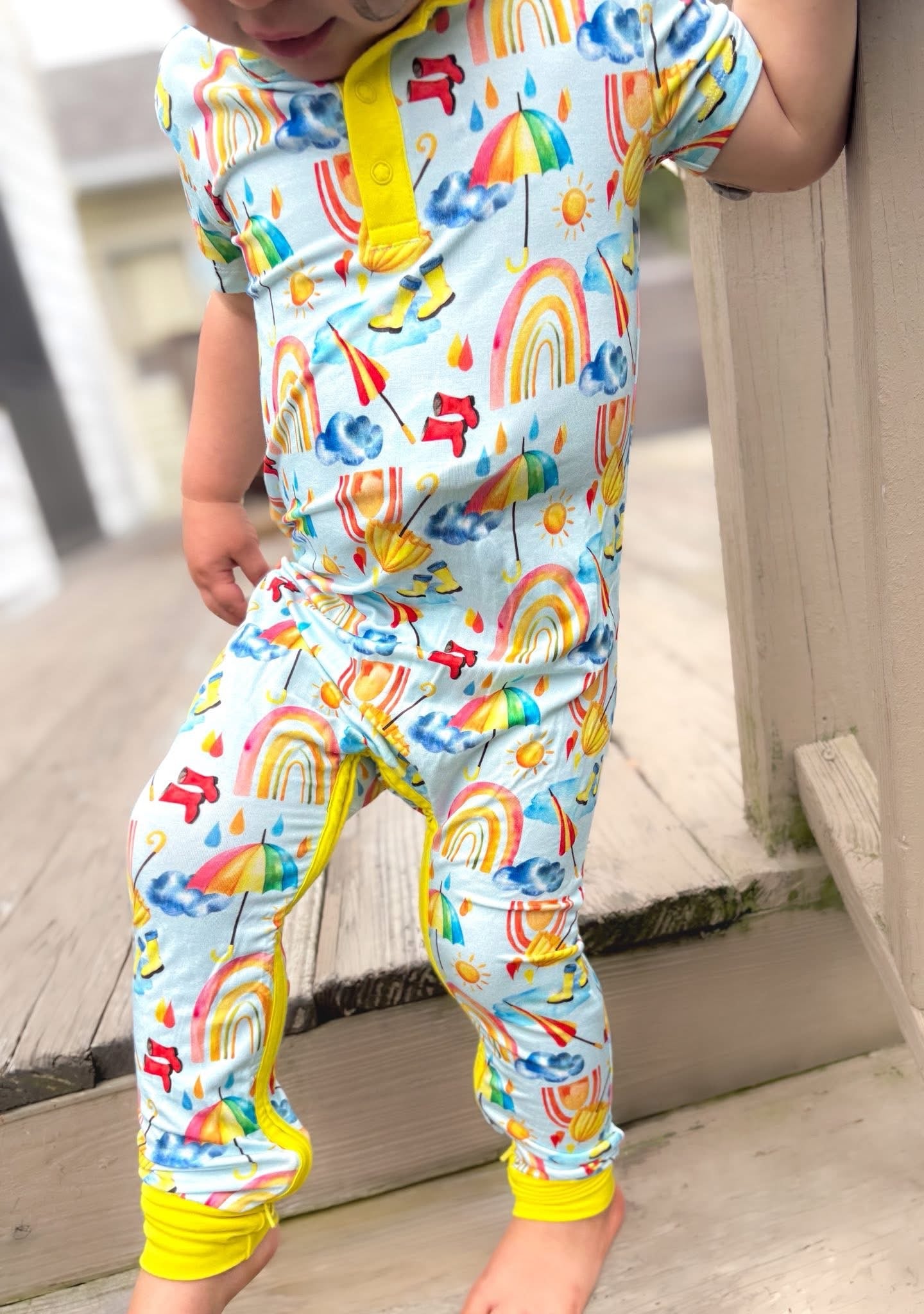 Rainbows and Rain Boots Hooded Romper- RTS