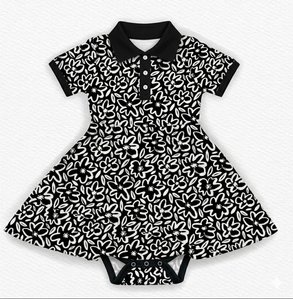 Flower Thru Polo Bodysuit Twirl Dress- RTS