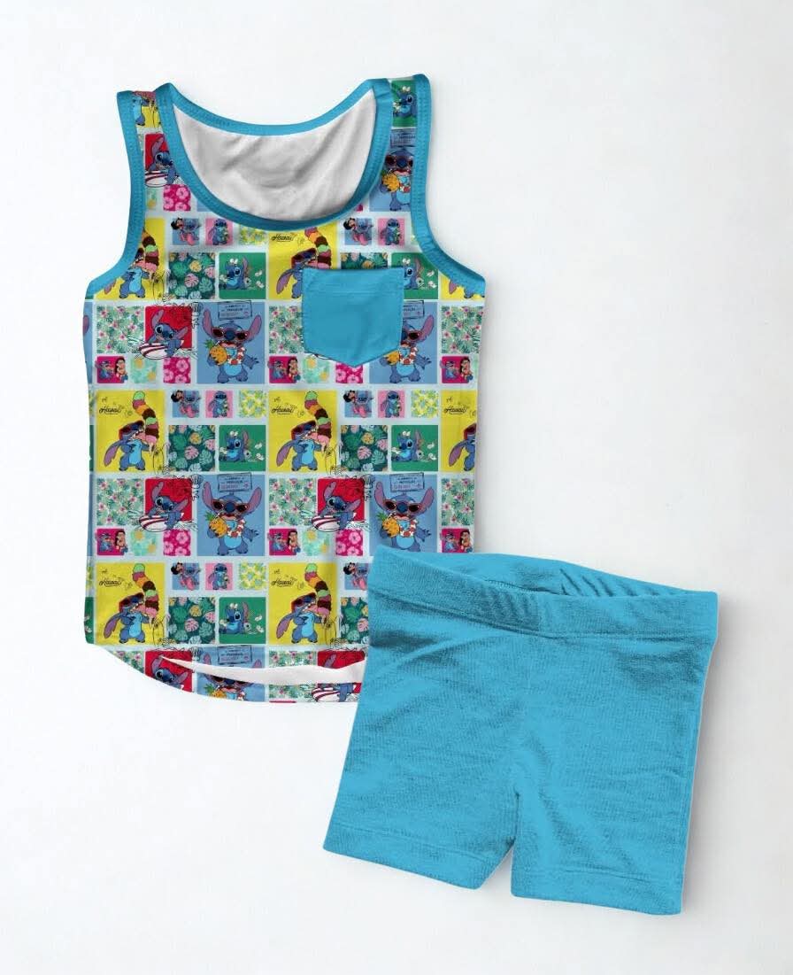 Cute and Fluffy Kids Tank & Short Set- Patchwork RTS