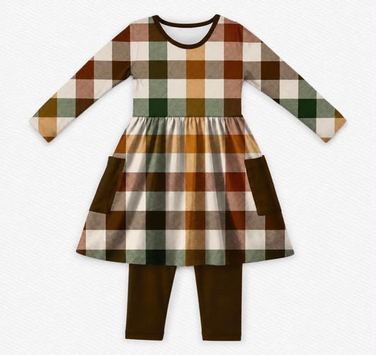 Spiced Pecan Gingham Long Sleeve Twirl w/ Leggings- Give Thanks Pre-Order