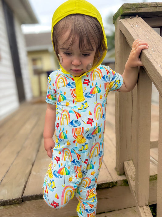 Rainbows and Rain Boots Hooded Romper- RTS