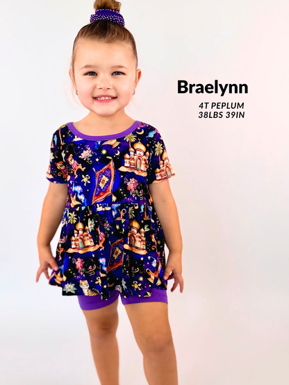 Magic Carpet Ride Bow Back Peplum Biker Set- Royalty RTS