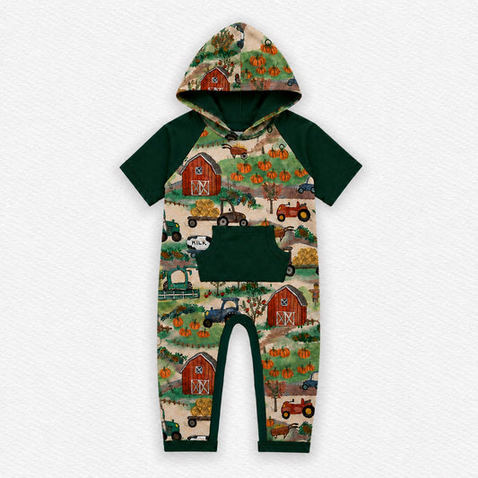 Old MacDonald’s Farm Short Sleeve Peek A Boo Hooded Romper- Autumn Pre-Order