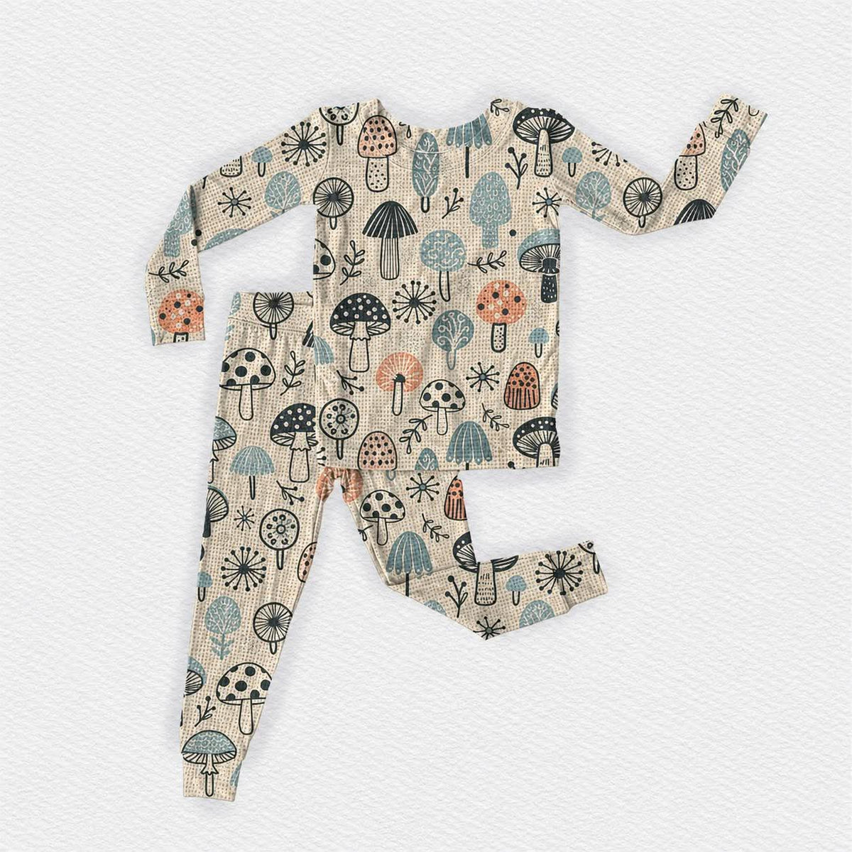 Mushroom Era Waffle Long Sleeve Shirt w/ Fold Over Feet Pants Pj Set- Waffle Pre-Order