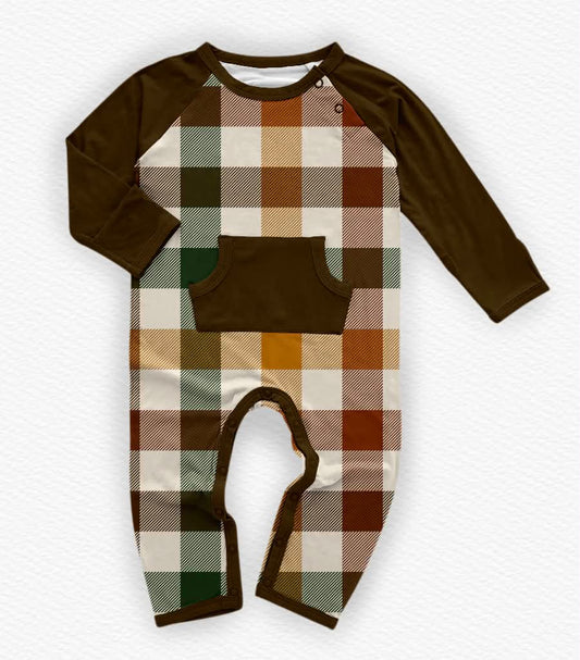 Spiced Pecan Gingham Peek a Boo Adaptive Romper- Give Thanks Pre-Order