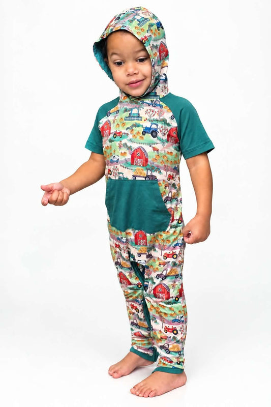 Old MacDonald’s Farm Short Sleeve Peek A Boo Hooded Romper- Autumn RTS