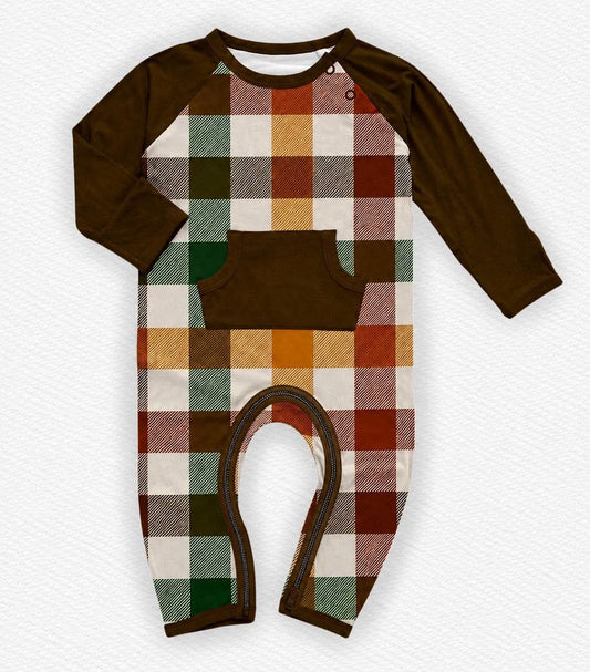 Spiced Pecan Gingham Peek a Boo Adaptive Romper- Give Thanks Pre-Order