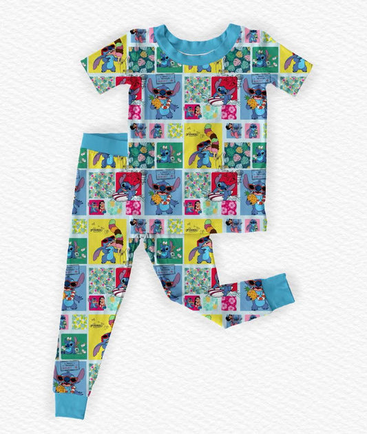 Cute and Fluffy Short Sleeve/Pant Pj Set- Patchwork RTS