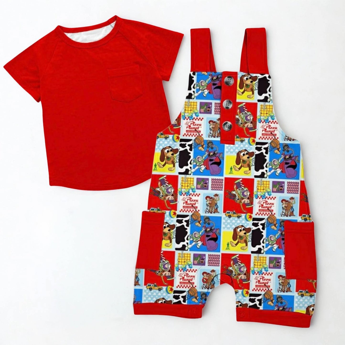 Falling with Style Short Overalls w/ Tee- Patchwork RTS