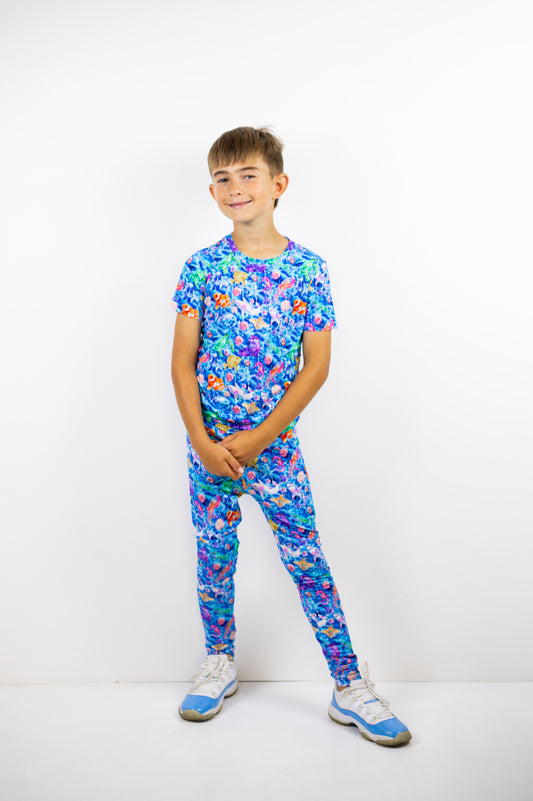 Iridescent Ocean Short Sleeve/Pant Pj Set w/ Fold Over Feet- RTS