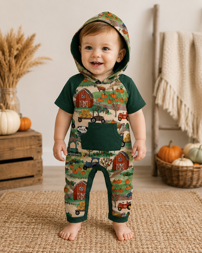 Old MacDonald’s Farm Short Sleeve Peek A Boo Hooded Romper- Autumn Pre-Order