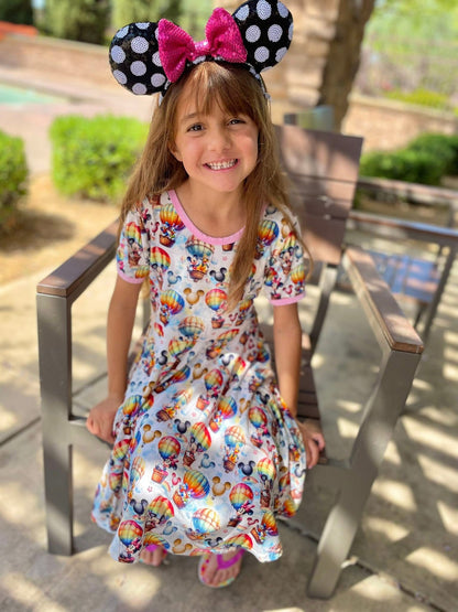 Dahlia’s Balloon Ride- Bow Back Twirl Dress RTS