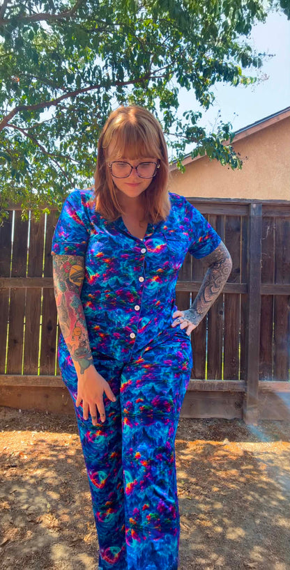 Cosmic Wilderness Women’s Short Sleeve Button Down & Lounge Pants Pj Set- RTS