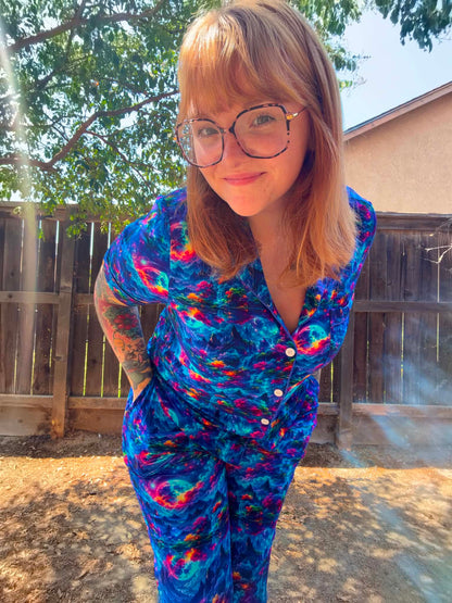 Cosmic Wilderness Women’s Short Sleeve Button Down & Lounge Pants Pj Set- RTS