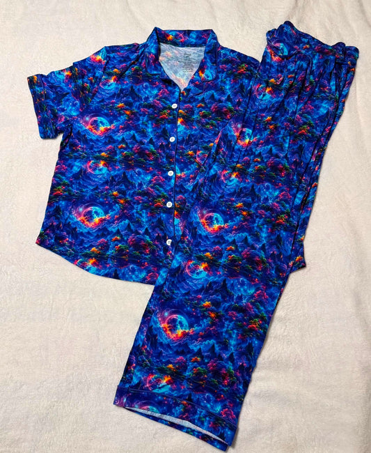 Cosmic Wilderness Women’s Short Sleeve Button Down & Lounge Pants Pj Set- RTS