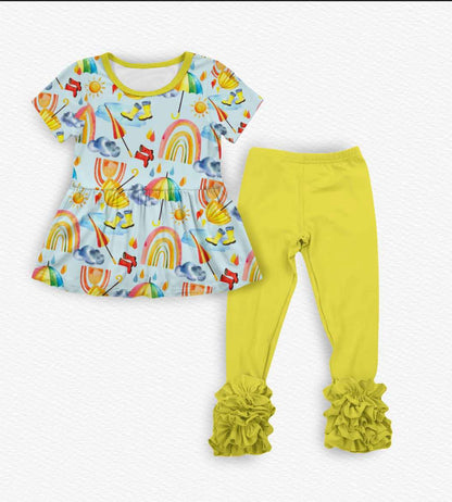 Rainbows and Rain Boots Peplum Set- RTS