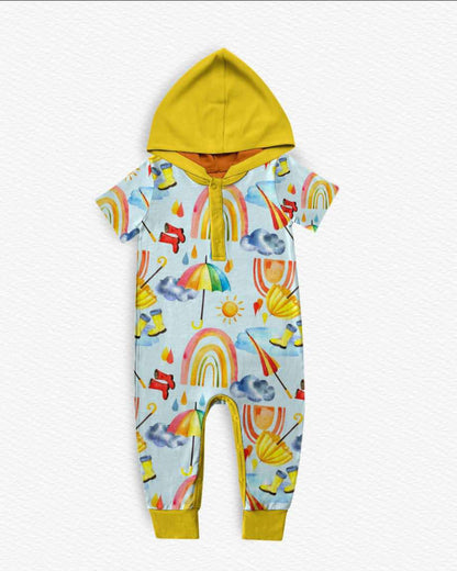 Rainbows and Rain Boots Hooded Romper- RTS