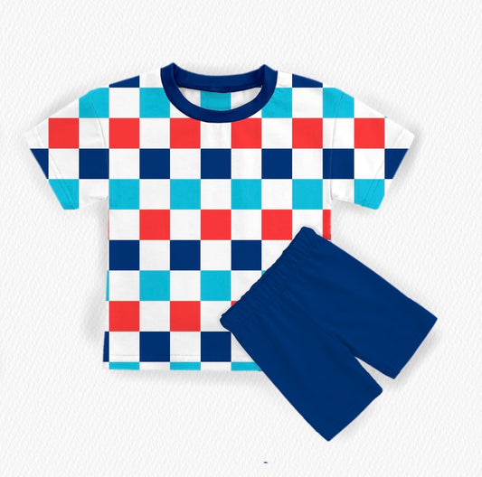Star Spangled Checks Kids Boxy Tee & Biker Short Set- 4OJ Pre-Order