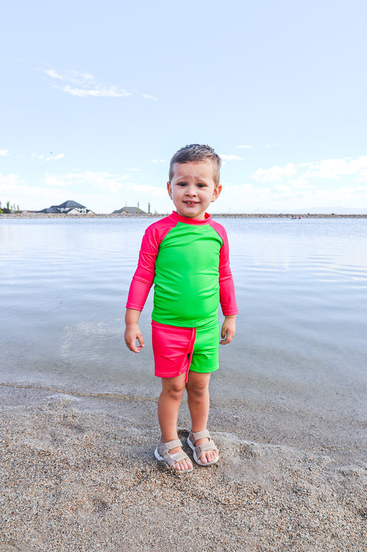 Shockwave Colorblock Long Sleeve Rash Guard w/ Swim Trunks- Swim RTS