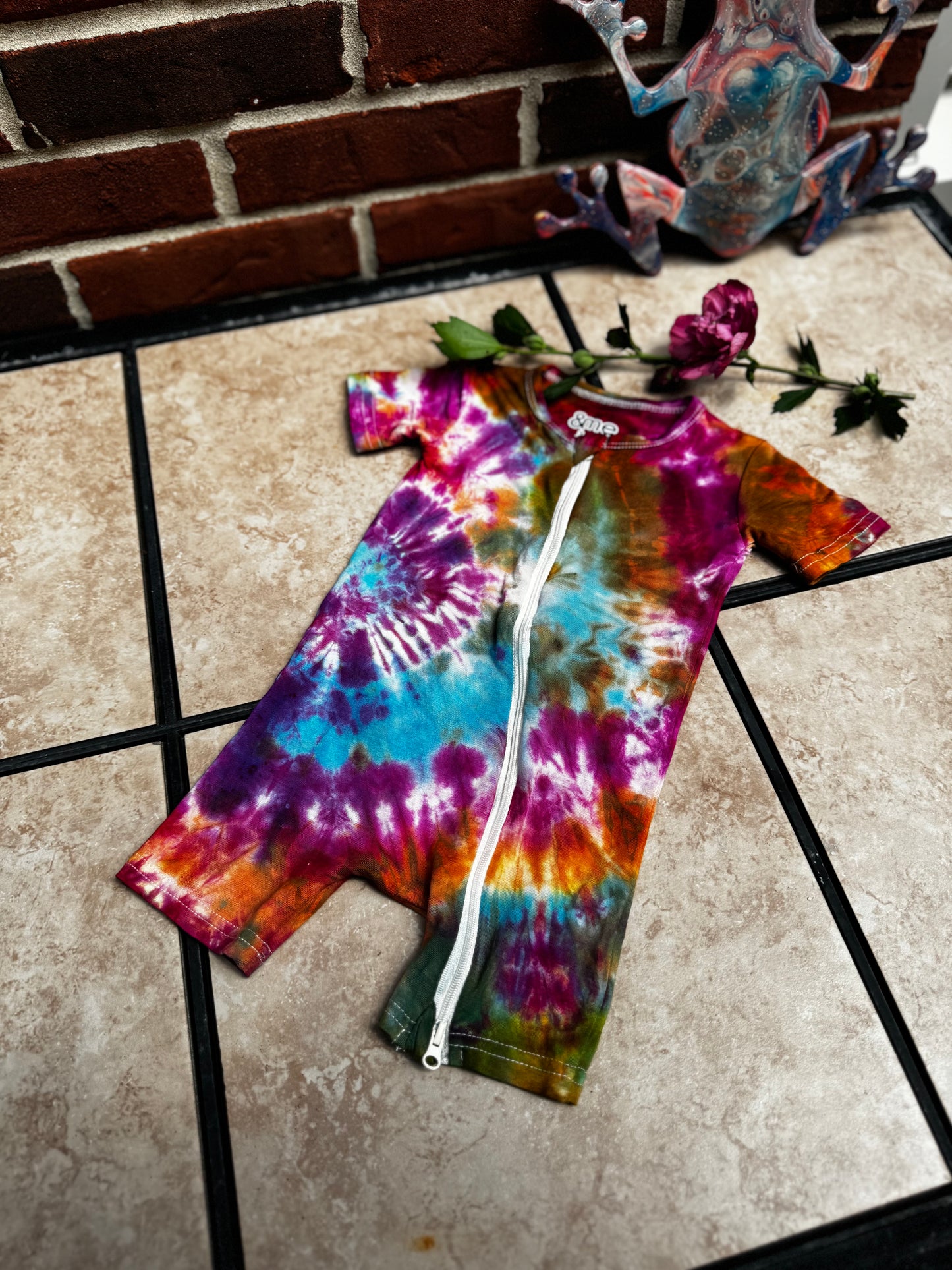 RTS- Boho baby tie dye shortie romper 12/18m