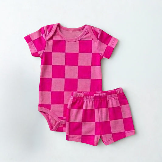 Rosy Checks Bodysuit with Short Set- Mama Checks RTS