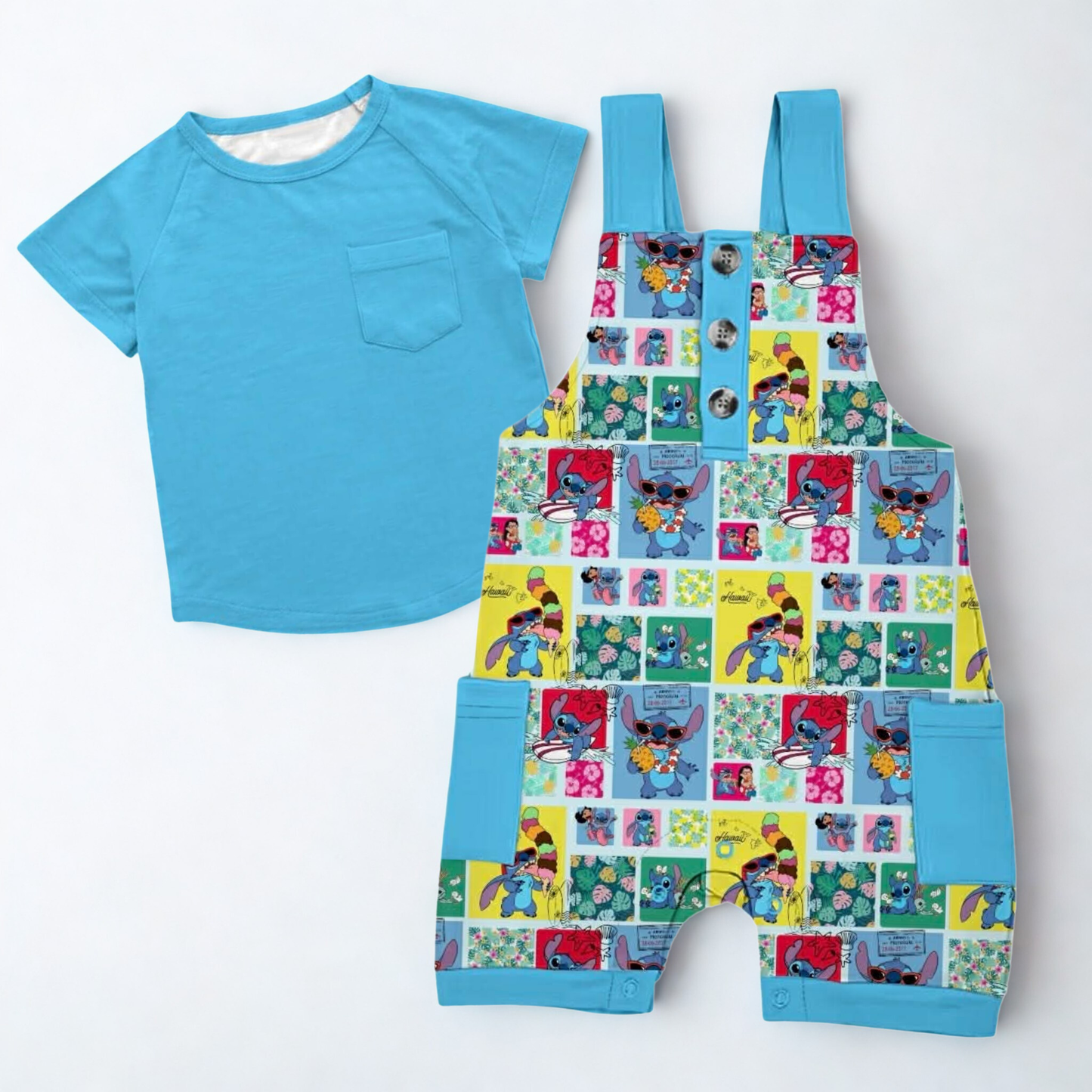 Cute and Fluffy Short Overalls w/ Tee- Patchwork RTS