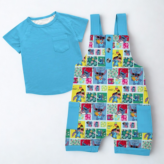 Cute and Fluffy Short Overalls w/ Tee- Patchwork Pre-Order