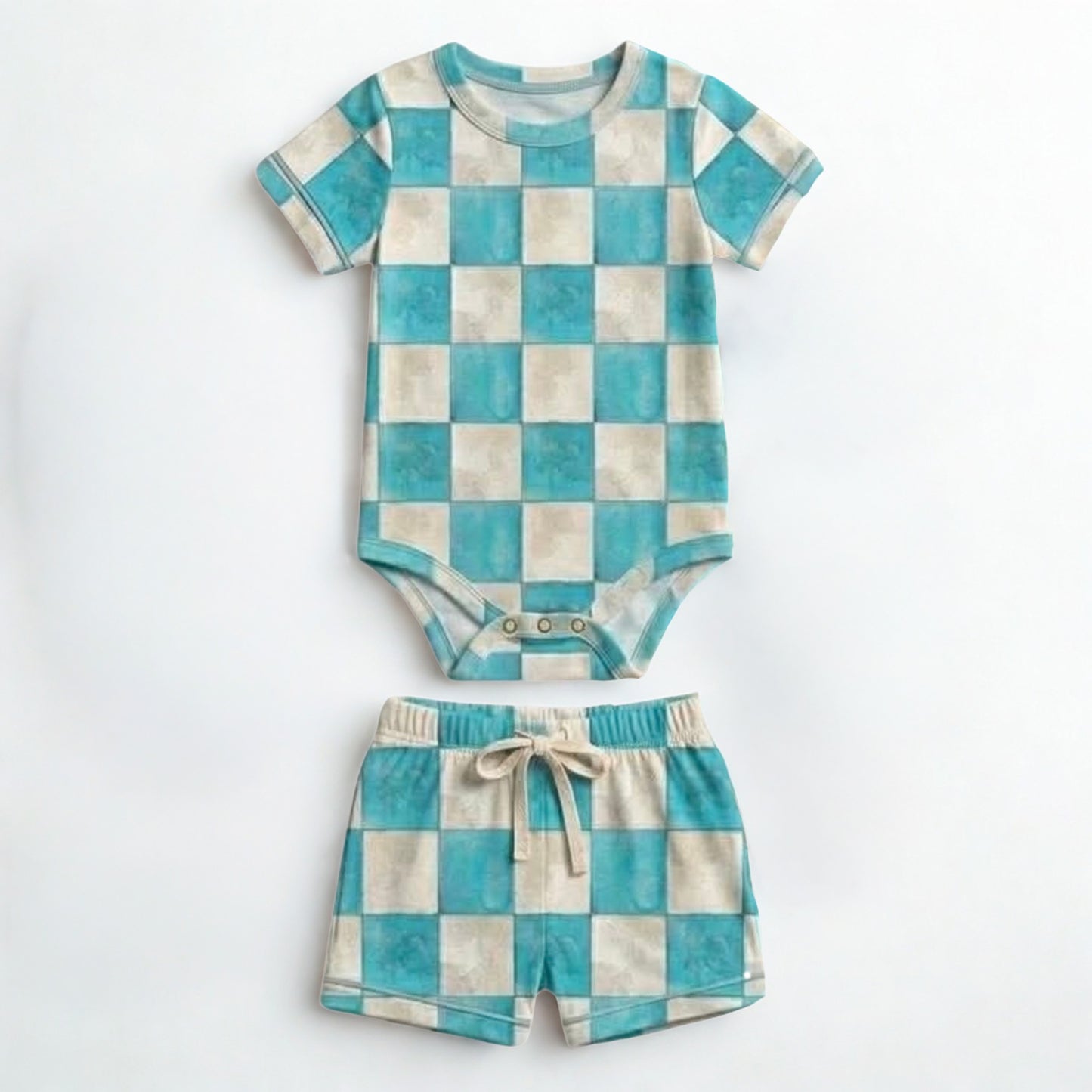 Ocean Mist Checks Bodysuit with Short- Mama Checks RTS