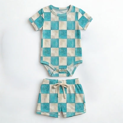 Ocean Mist Checks Bodysuit with Short- Mama Checks RTS