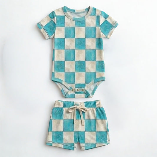 Ocean Mist Checks Bodysuit with Short- Mama Checks Pre-Order