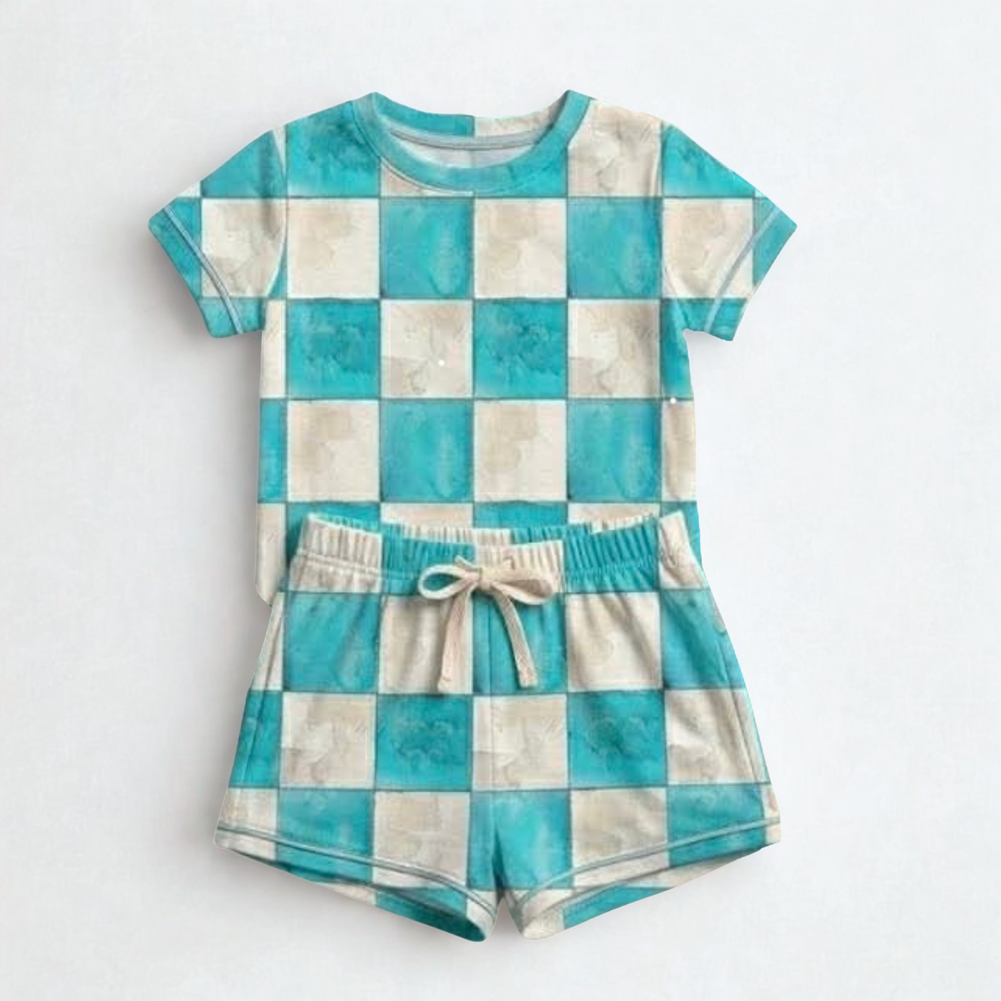Ocean Mist Checks Kids Tee & Short Set- Mama Checks RTS