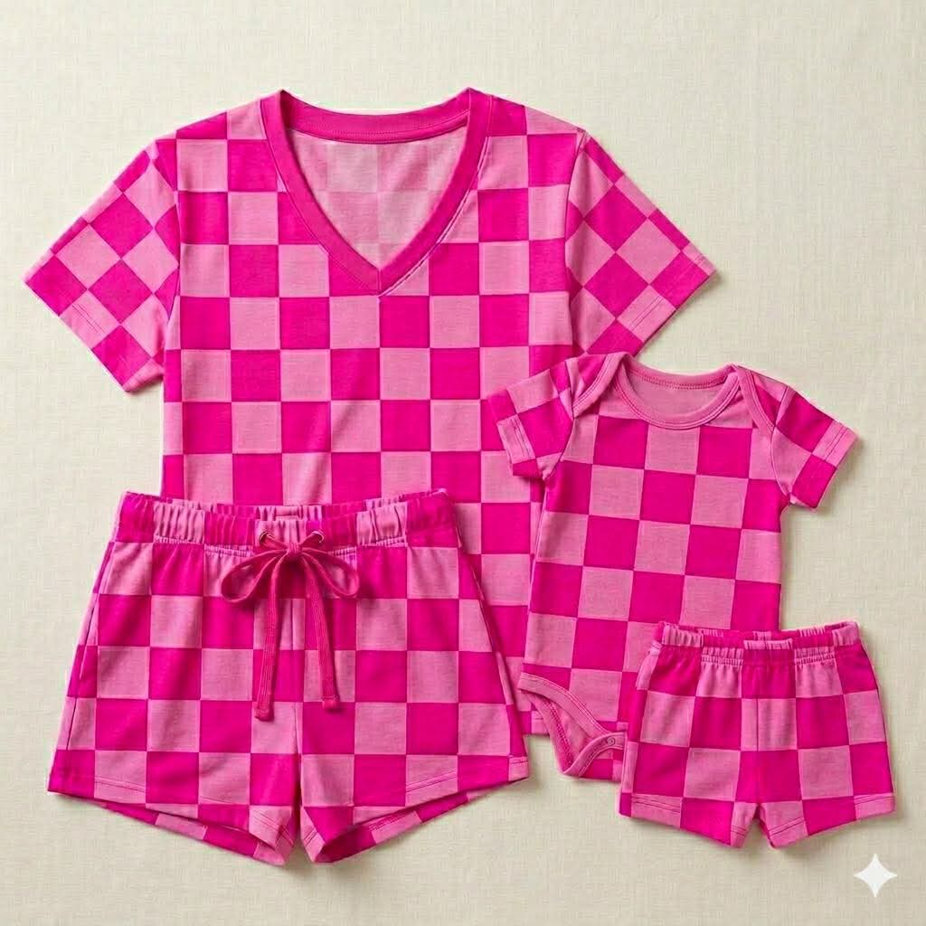 Rosy Checks Bodysuit with Short Set- Mama Checks Pre-Order
