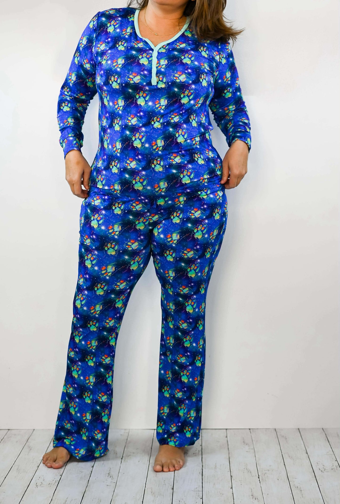 Polar Paws Women's Long Sleeve Button Down Tee with Lounge Pants Pj Set- RTS