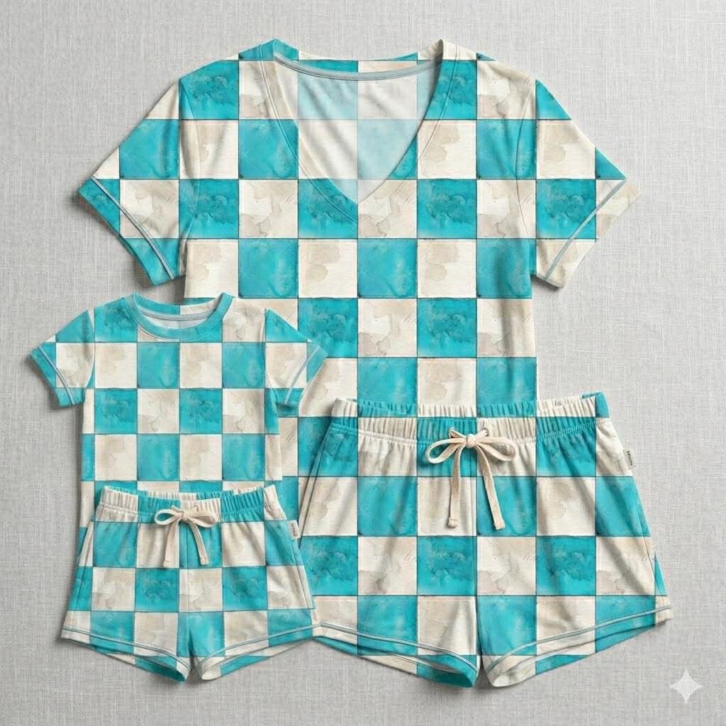 Ocean Mist Checks Kids Tee & Short Set- Mama Checks RTS