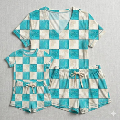Ocean Mist Checks Kids Tee & Short Set- Mama Checks RTS