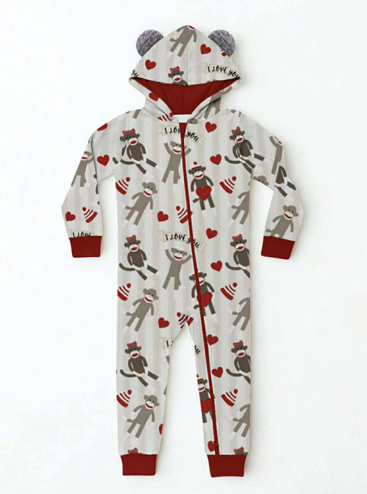 Love Monkey Hooded Romper- Valentines RTS