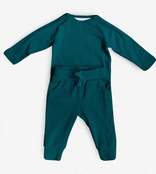 Campfire Snacks Deep Teal Ribbed Solid Kids Jogger Set- Pre Order
