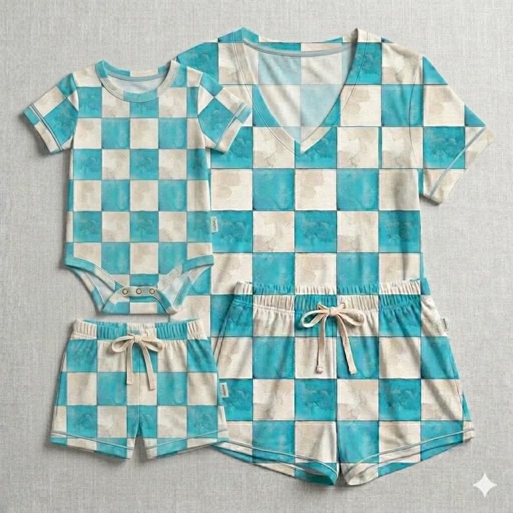 Ocean Mist Checks Bodysuit with Short- Mama Checks RTS