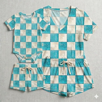 Ocean Mist Checks Bodysuit with Short- Mama Checks RTS