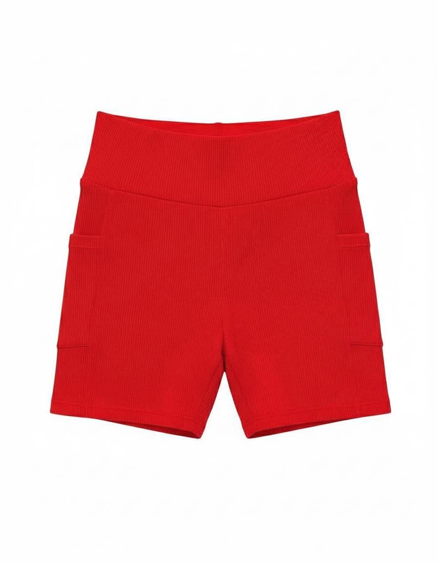 Solid Red Ribbed Women’s Biker Short- 4OJ Pre-Order